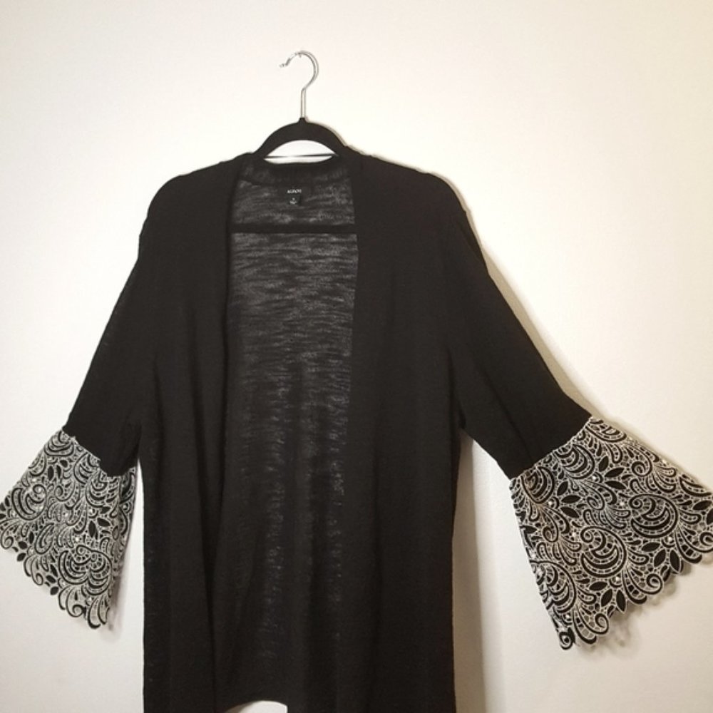 Alfani Black Cardigan with White Lace Sleeves - Picture 7 of 8